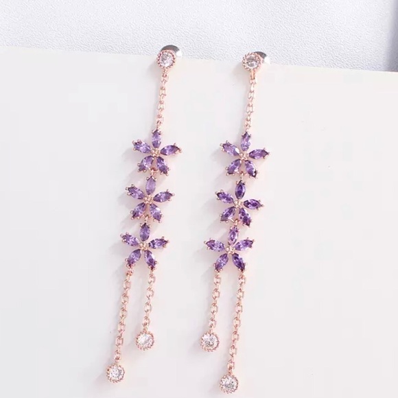 Korean Purple Crystal Flower Drop Earrings - Picture 4 of 6